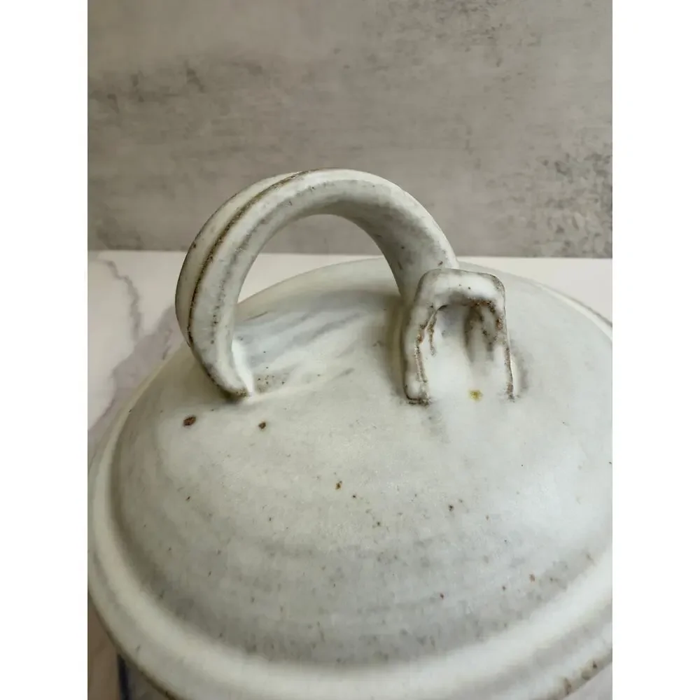 Studio Art Pottery Lidded Jar Speckled Gray & Blue Glaze Handled Ceramic Vessel
